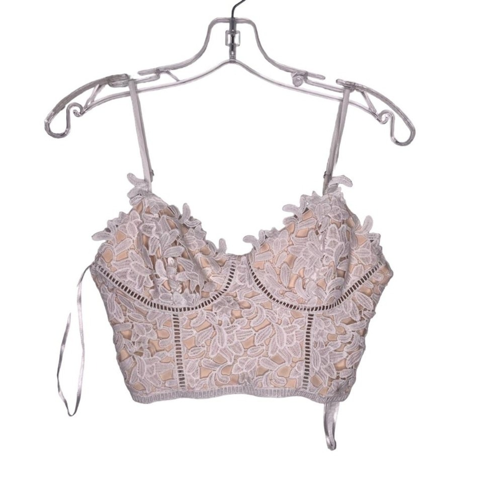 A.Peach White Floral Lace Bustier Crop Top Small NT1111 Nude Lining Zip Back